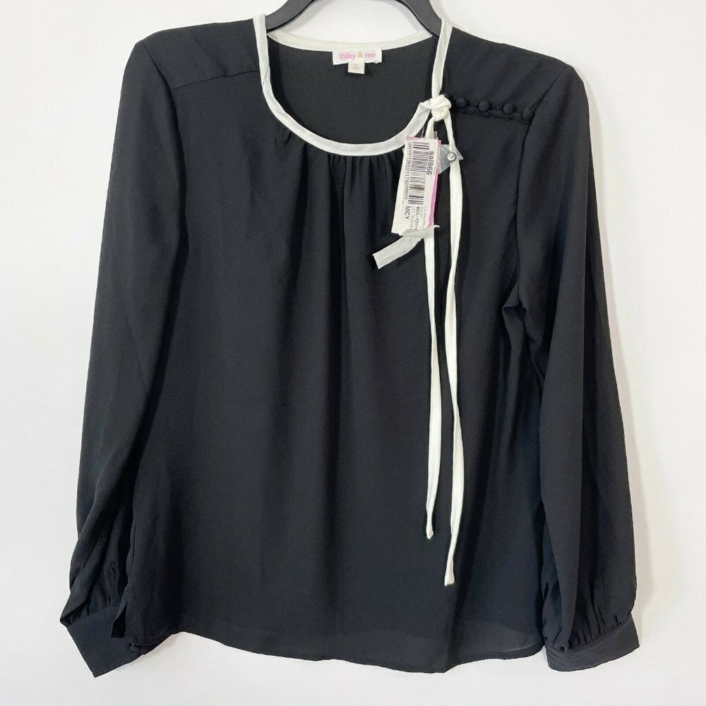Riley & Rae Long Sleeve Top Black S Tie Blouse NEW
